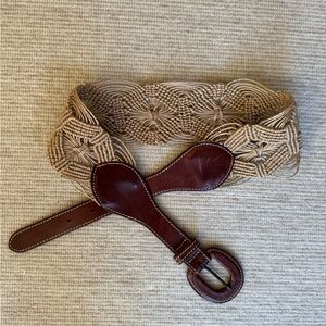 Rugby Ralph Lauren Tan Braided Macramé Belt with Brown Leather Buckle